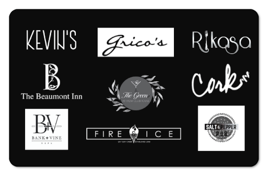 Gricos logo, Le manhattan logo, Beaumont Inn logo, Kevins logo, Cork logo over black background